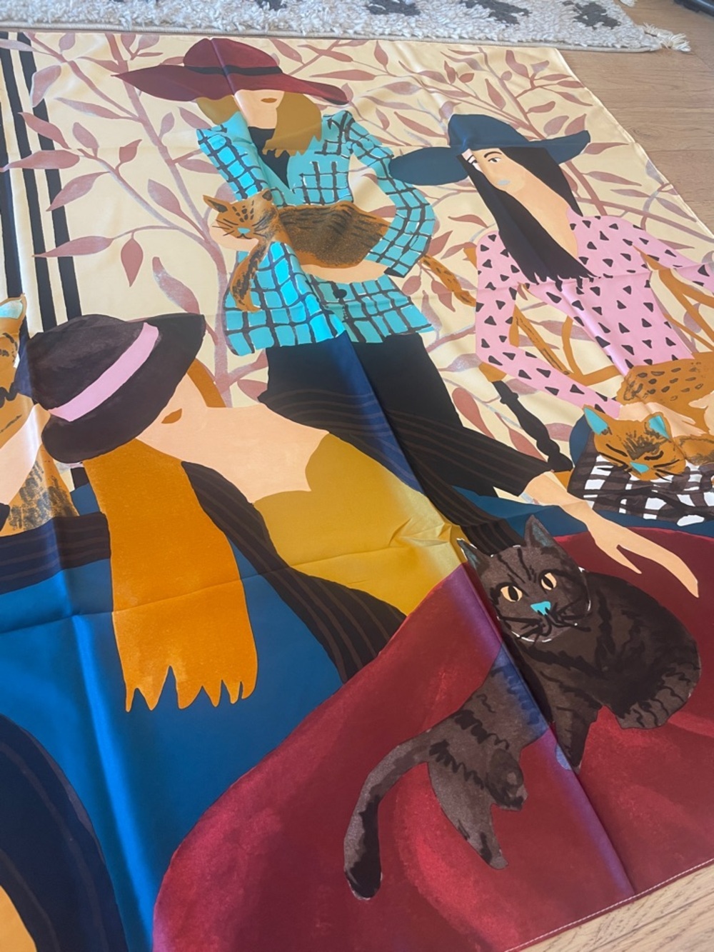 Illustrated Cats & Women Silk Scarf - Multicolor - Picture 2 of 5